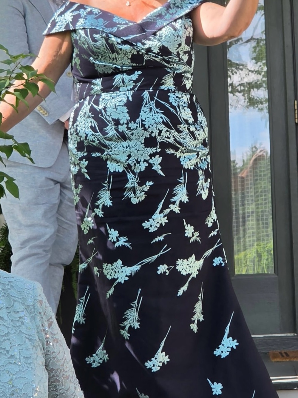 Off-Shoulder Navy One-Shoulder Dress with Seafoam Floral